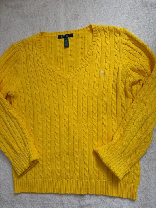 Lauren Ralph Lauren Cotton Bright Yellow V-neck Cable Knit Sweater - Picture 8 of 12